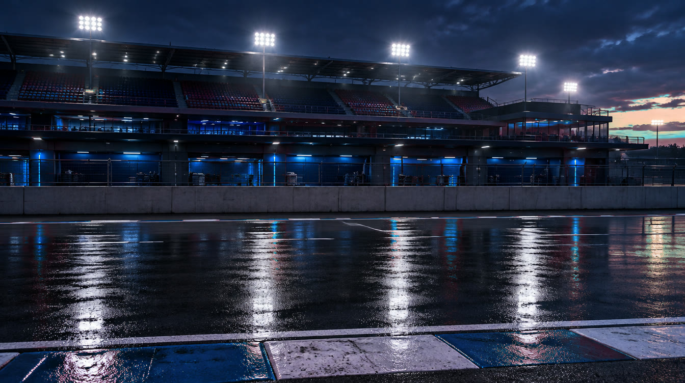 The start-finish straight at night