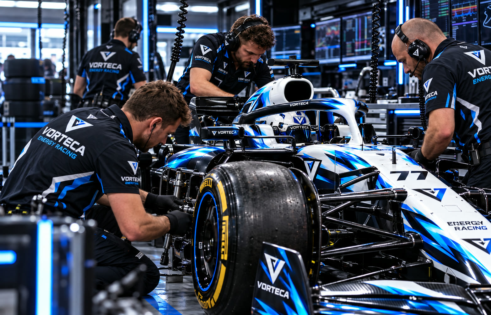 Mechanics working on the car in the pit box