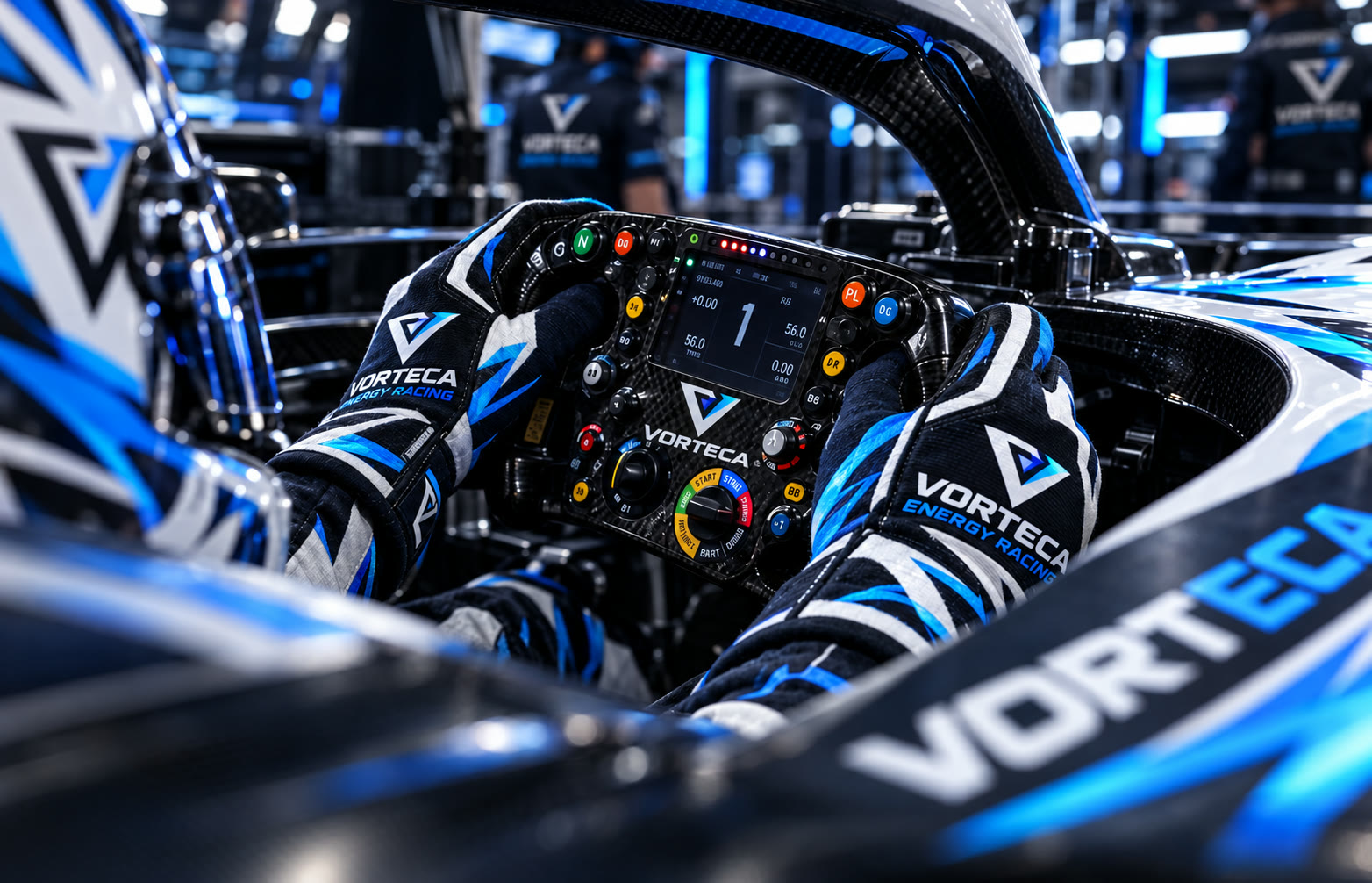 A driver's gloves on the steering wheel, seen from the cockpit