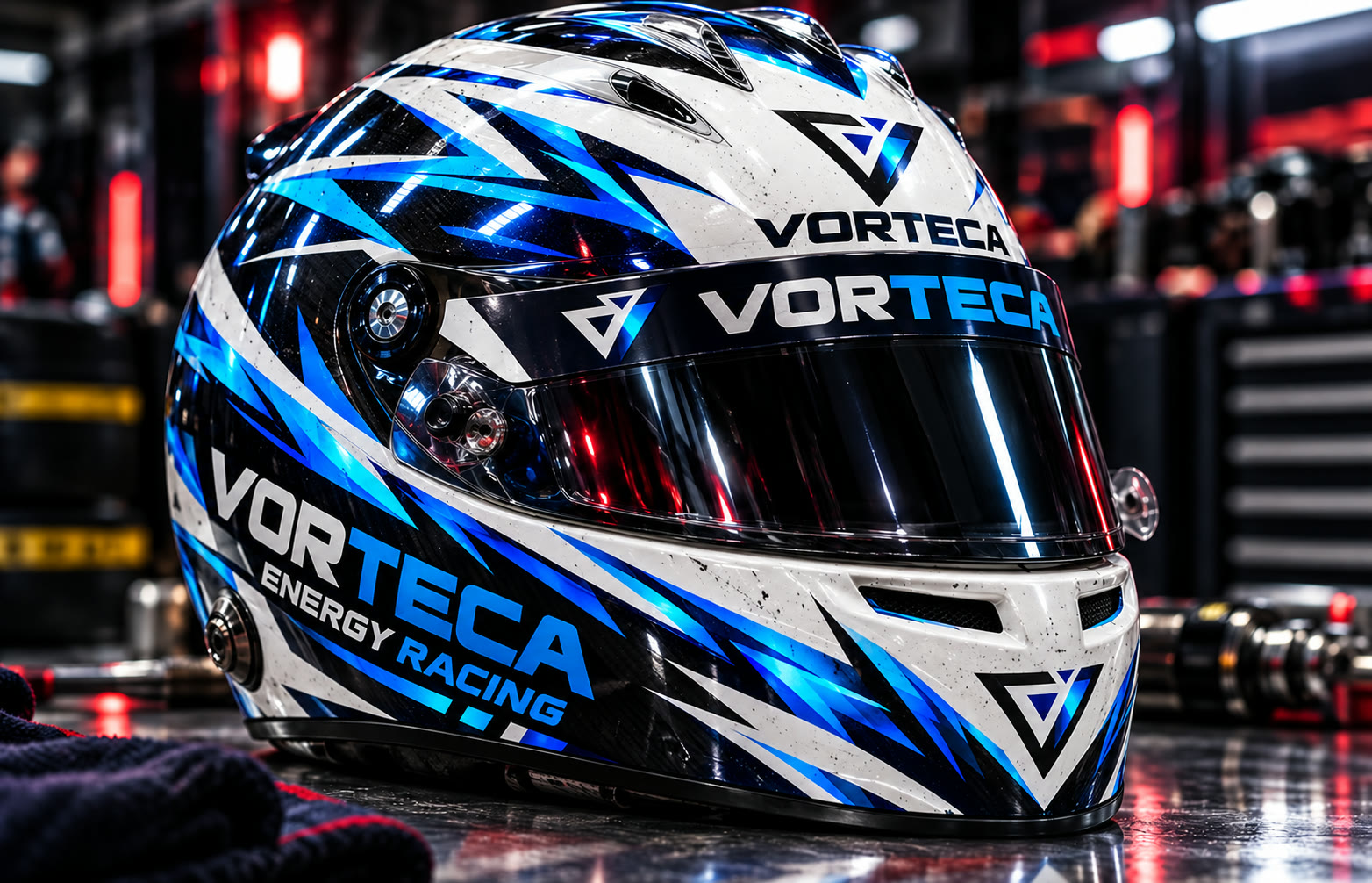 A race helmet on the workbench