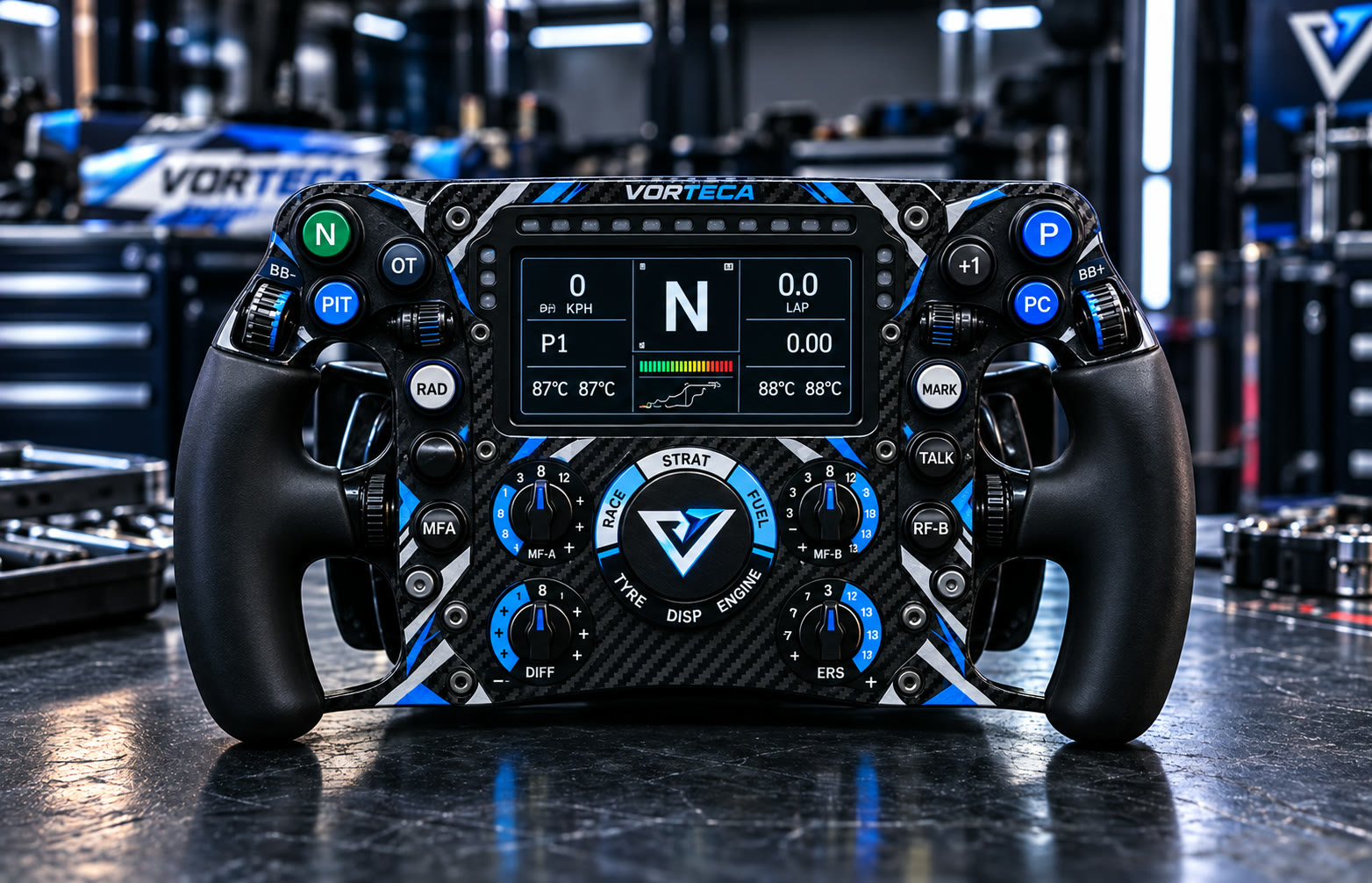 The steering wheel with its display and dials