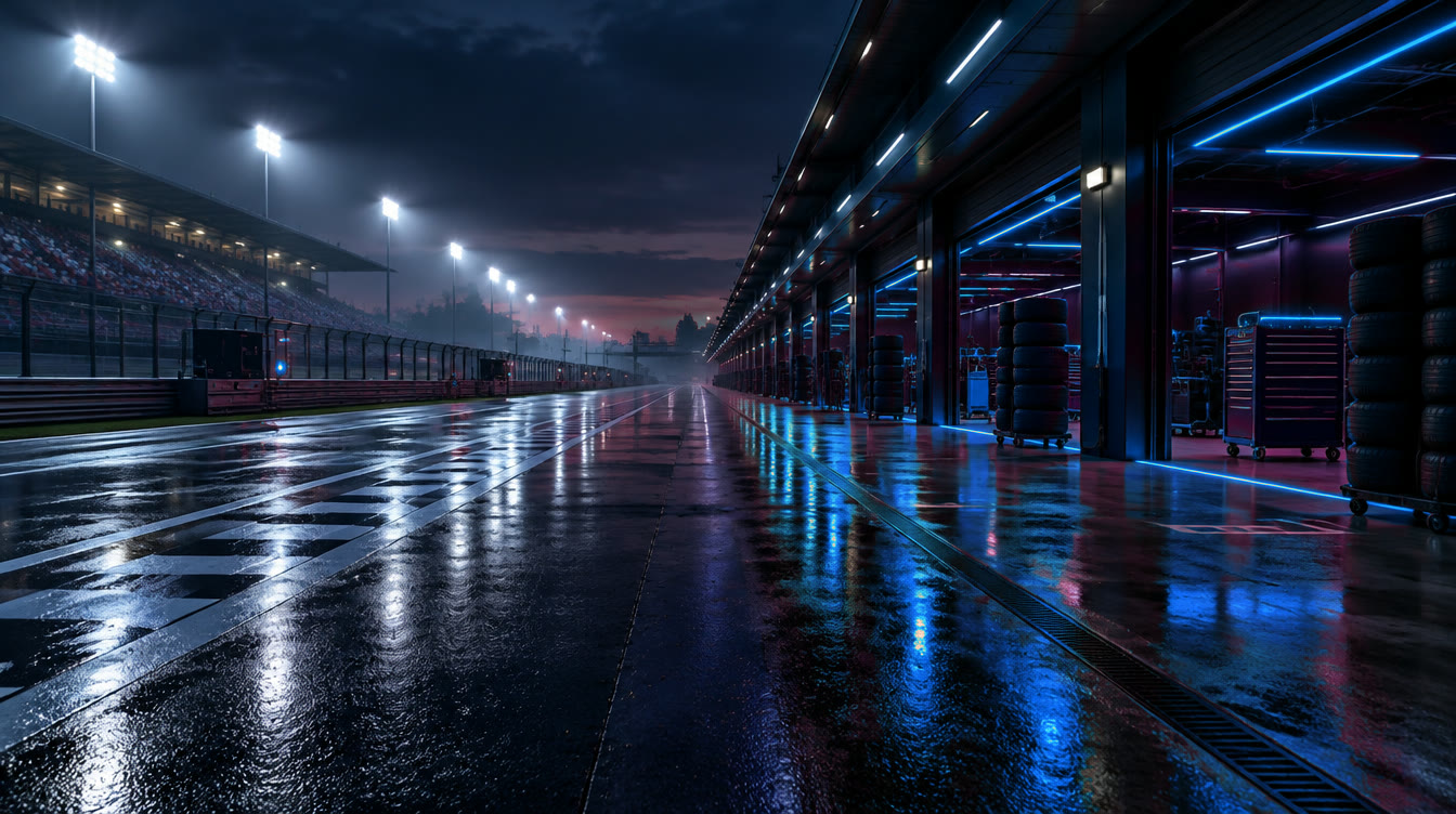 The pit lane at night