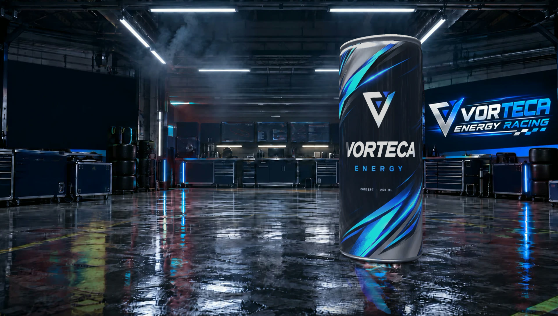 An energy can standing in the team garage