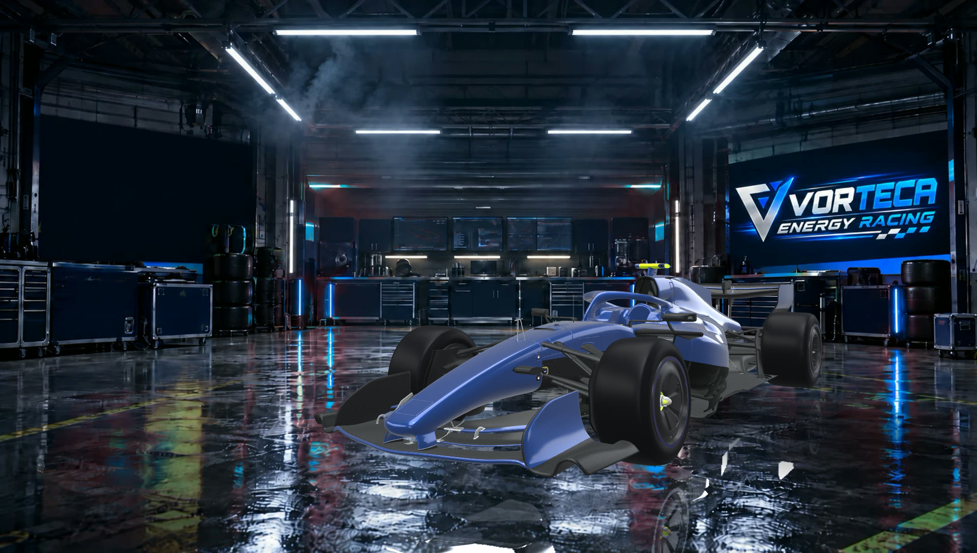 The race car standing in the team garage